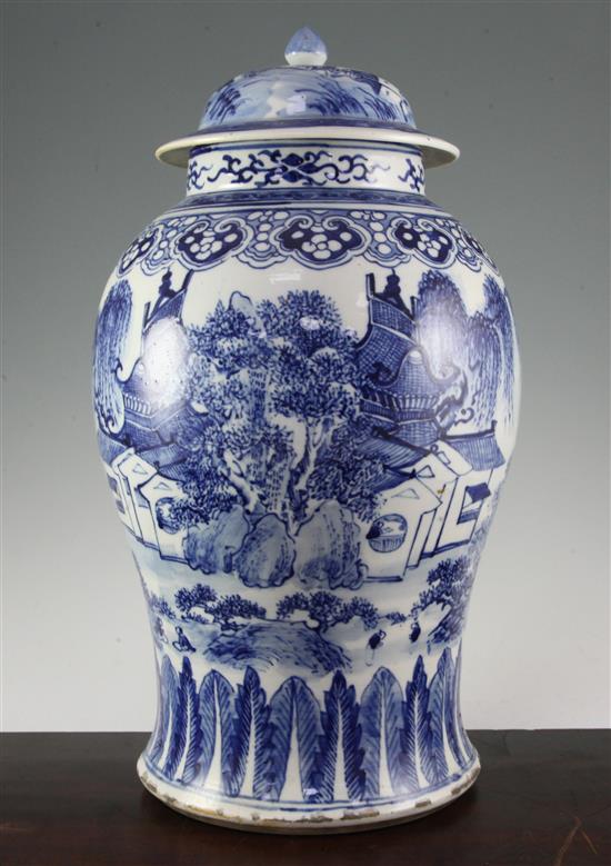 A large Chinese blue and white baluster jar and cover, 19th century, 47cm., chip to cover